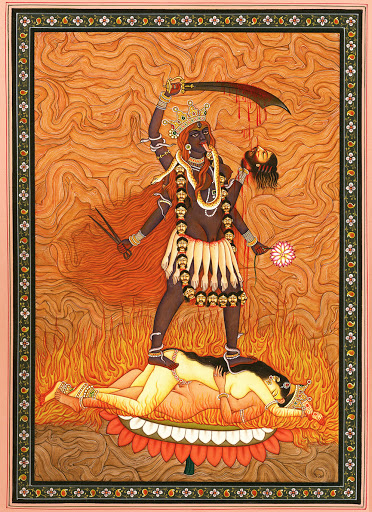 Kali (Kundalini) stands victorious over Shakti and Shiva (or duality)