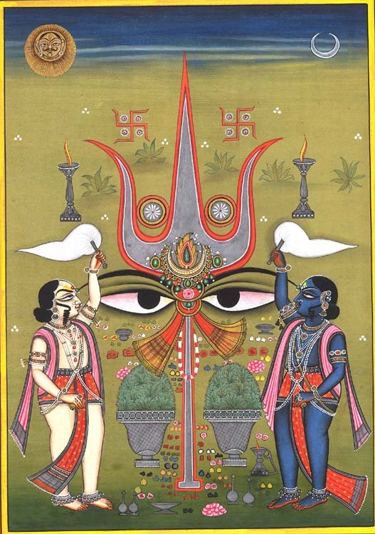 Old engraving of tantric initiation art: Shakti and Shiva